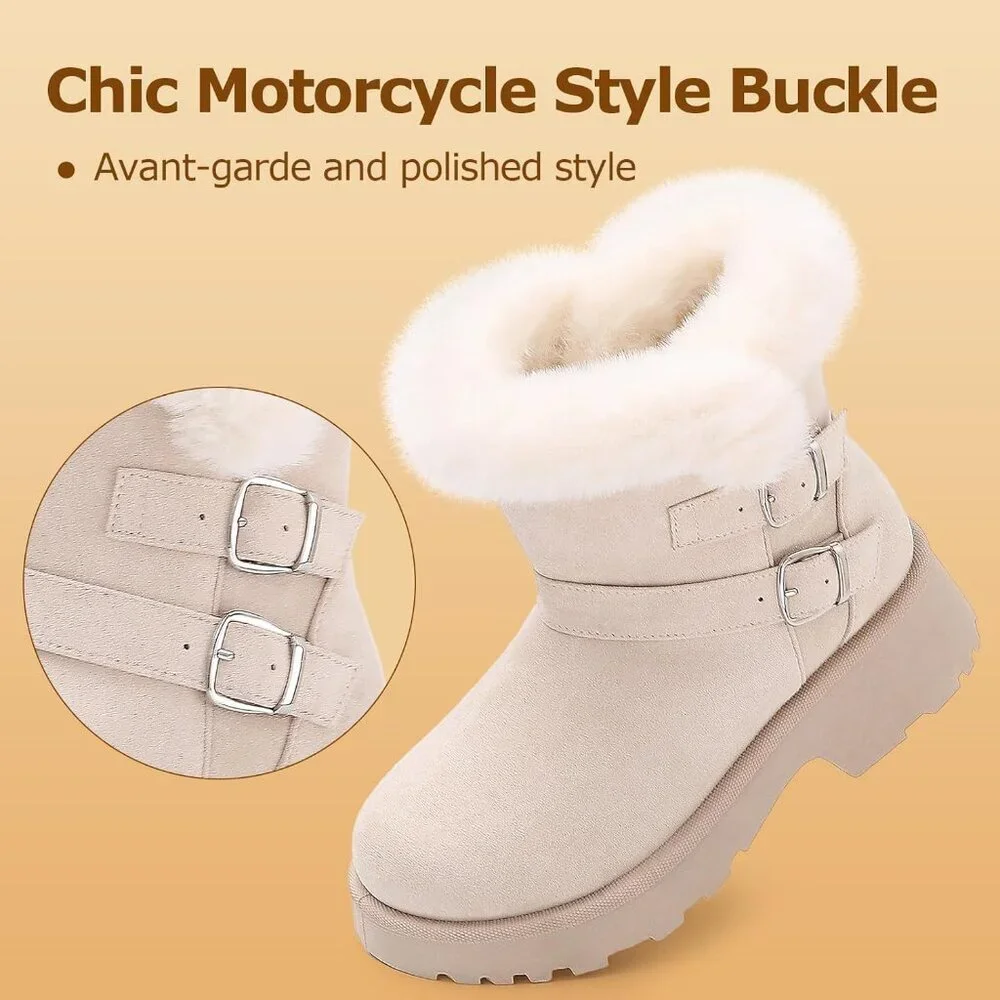Women's Chunky Low Heel Snow Boots With Fashion Buckle Slip-On Booties Beige